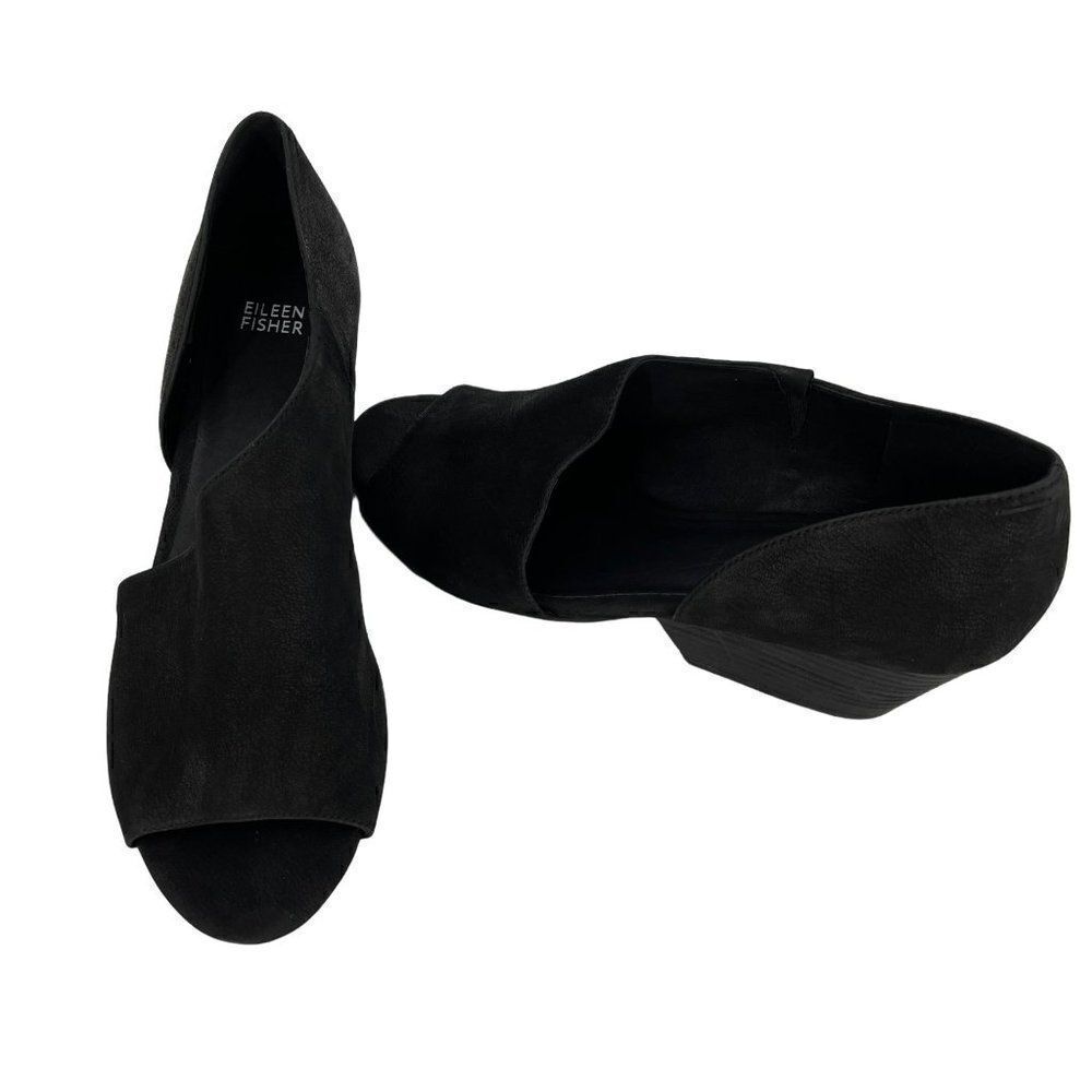 Eileen Fisher‎ Fig Peep Toe Nubuck Leather 2.5" Heel Sandals Black Women 9.5